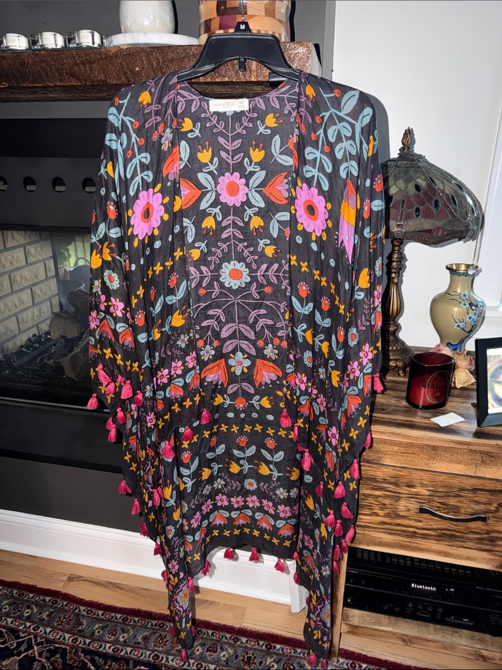 NATURAL LIFE Black Floral Tassel Open-Front Kimono
